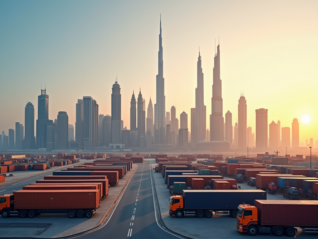 Sunrise over a modern city skyline with trucks and shipping containers in the foreground.