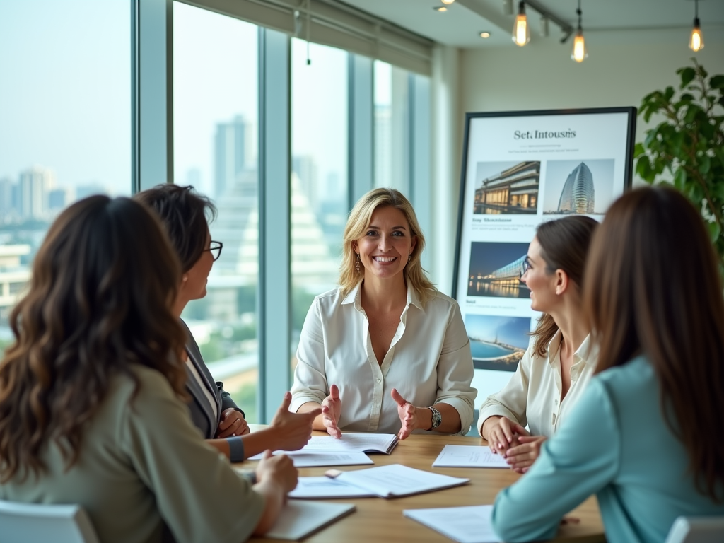 Four female professionals discussing around a table in a bright office with a presentation screen.