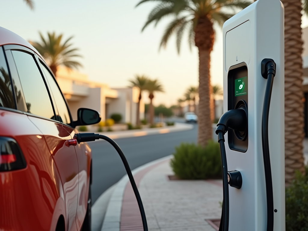 Electric car charging at a station with palm trees and a sunset in the background.