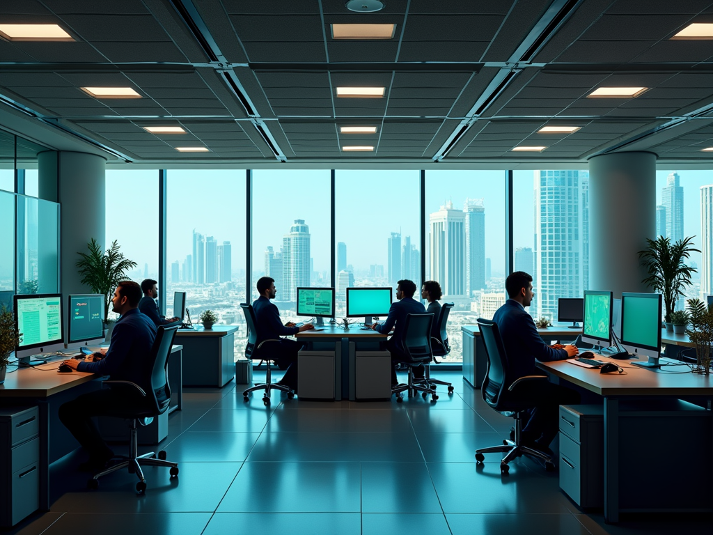 Professionals working on computers in a modern office with a city skyline view.