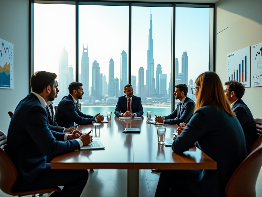 Business professionals in a meeting room with a city skyline view through large windows.