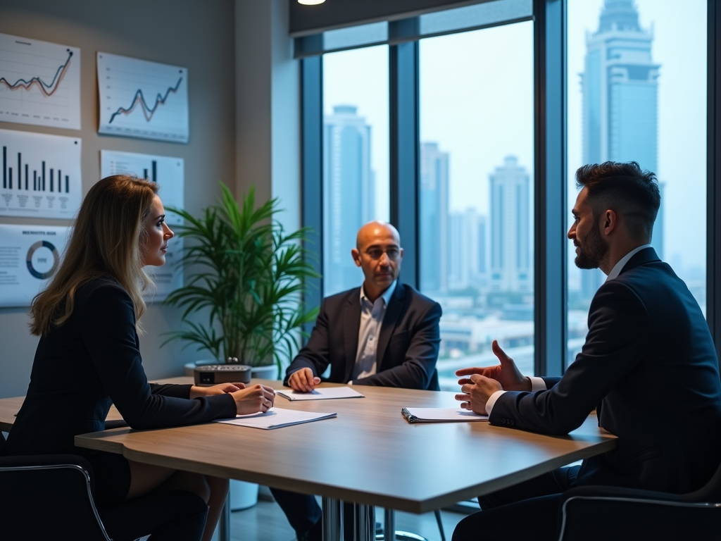 Three business professionals engaged in a discussion in a modern office with cityscape views and financial charts on the walls.