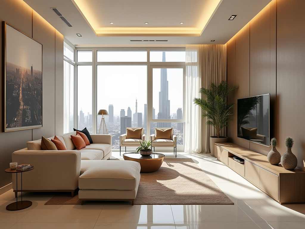 Modern living room with cityscape view, elegant beige furniture and decorative plants.