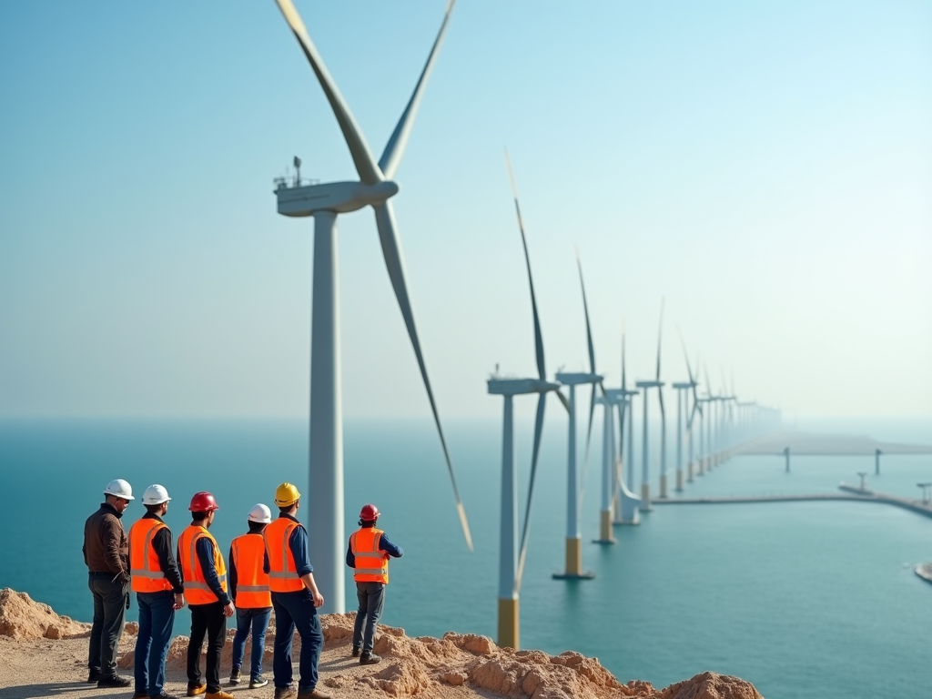 Group of engineers observing a lineup of offshore wind turbines by the sea.