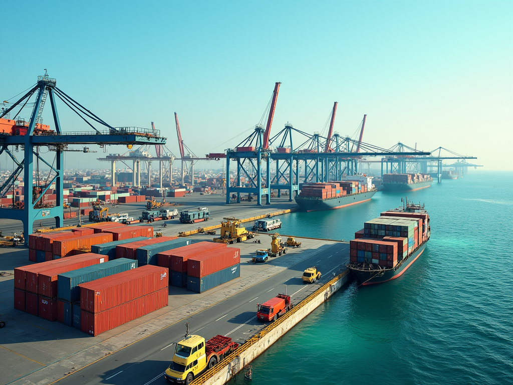 Busy cargo port with ships, cranes, and stacked containers in daylight.