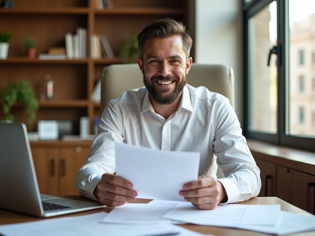 Happy man in white shirt, working with papers and laptop at office desk.