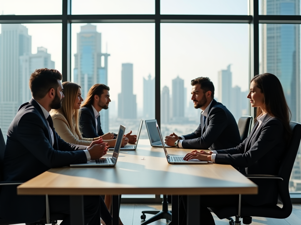 Business professionals in suits at a meeting with cityscape background through large windows.