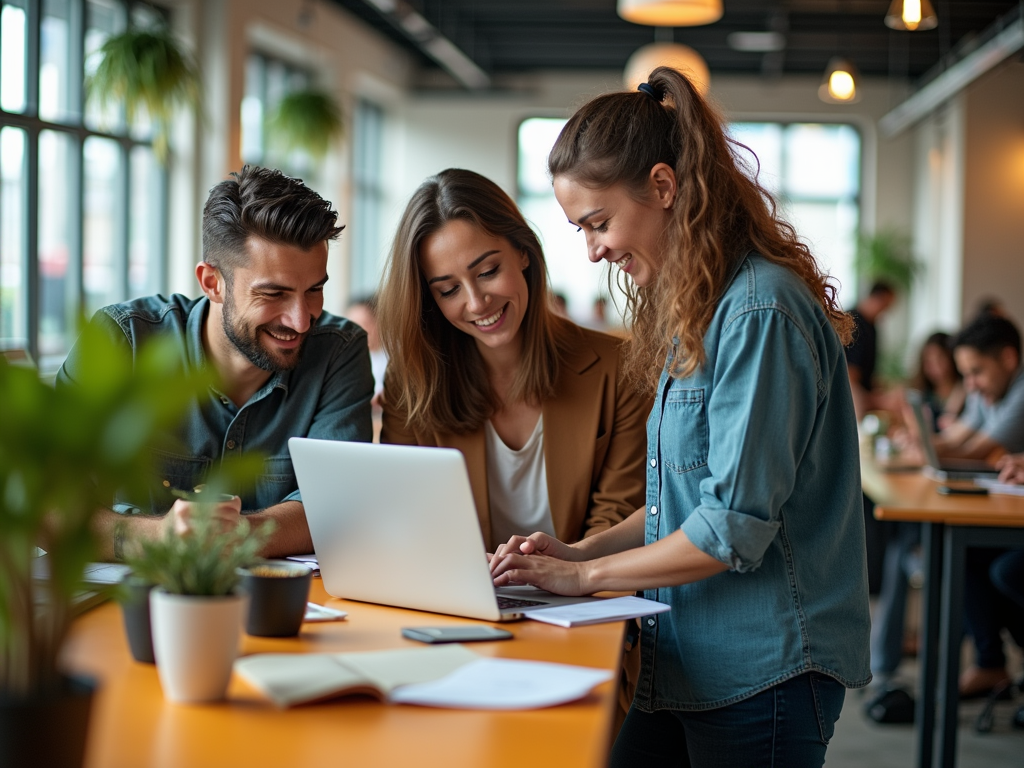 Three young professionals collaborating happily over a laptop in a modern office.