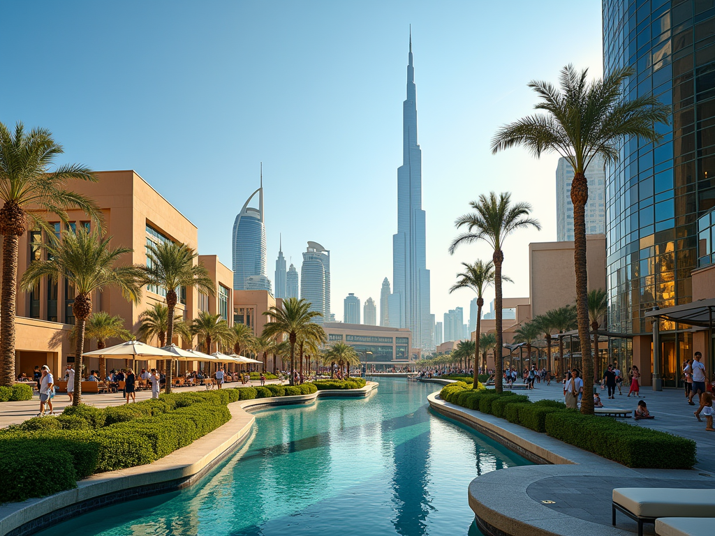 View of a bustling city promenade with skyscrapers, palm trees, and reflective pools under a clear sky.