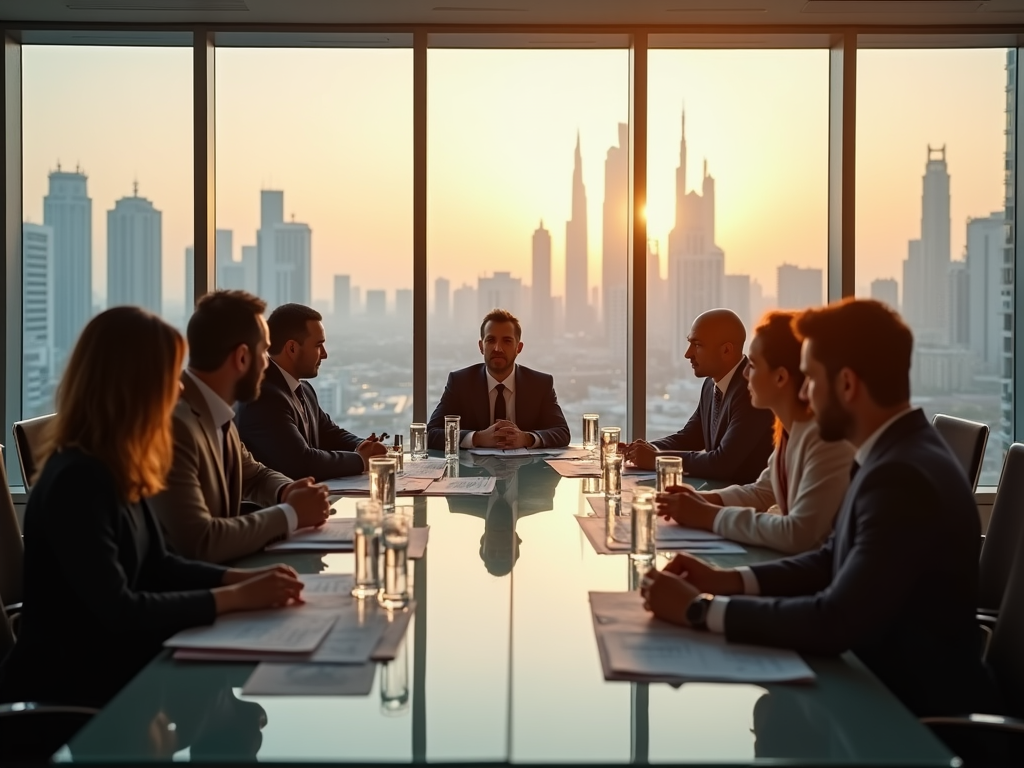 Business meeting in a conference room with a city skyline view at sunset.