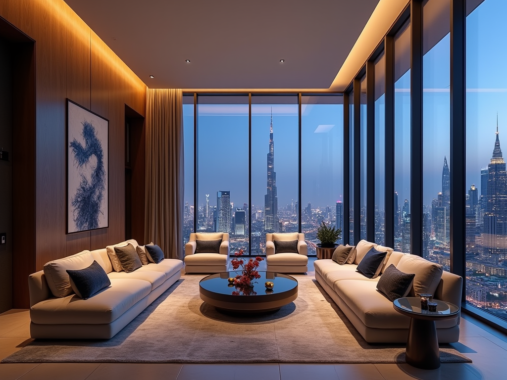 Luxurious living room with city skyline view, modern furniture, and wooden panels.