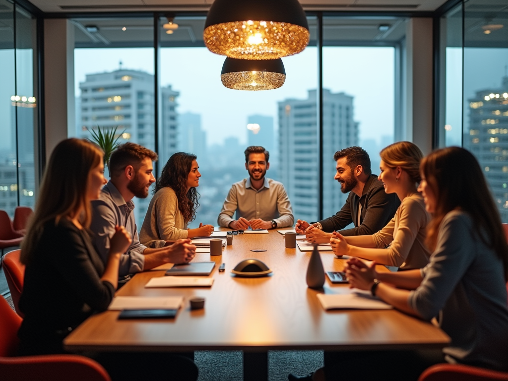 Team meeting at a modern office during sunset with city views in the background.