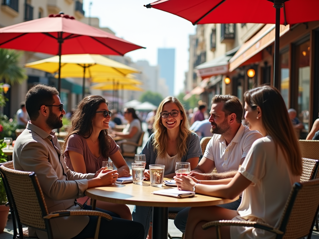 Group of friends enjoying a lively conversation at a sunny outdoor cafe with red umbrellas.