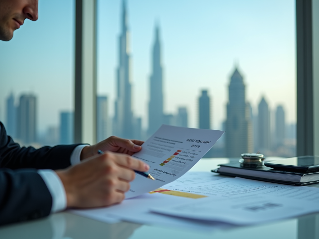 Businessman analyzing charts with city skyline in background.