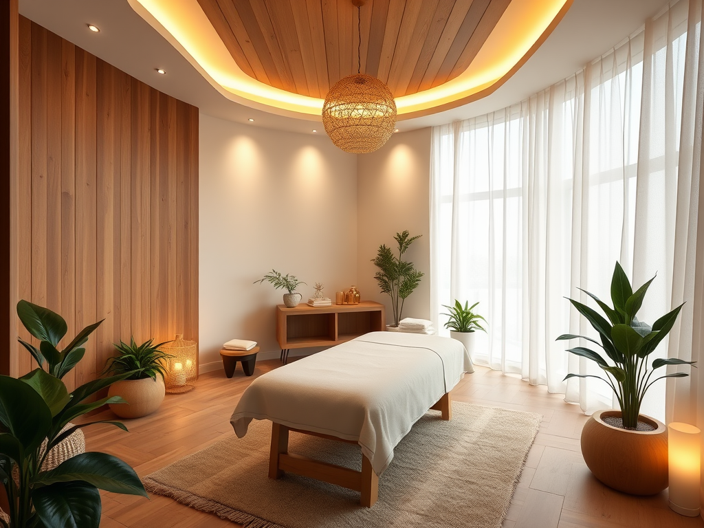 A tranquil spa room with wooden accents, a massage table, plants, and soft lighting creating a calming atmosphere.