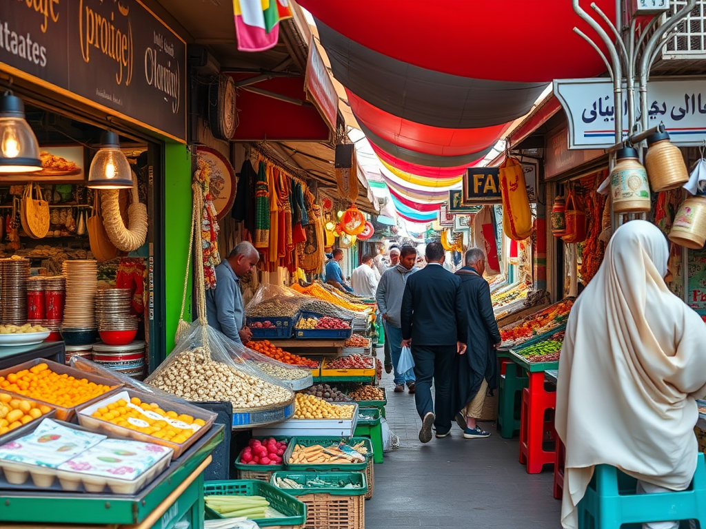 A vibrant market street filled with fresh produce, spices, and people in traditional clothing browsing and shopping.