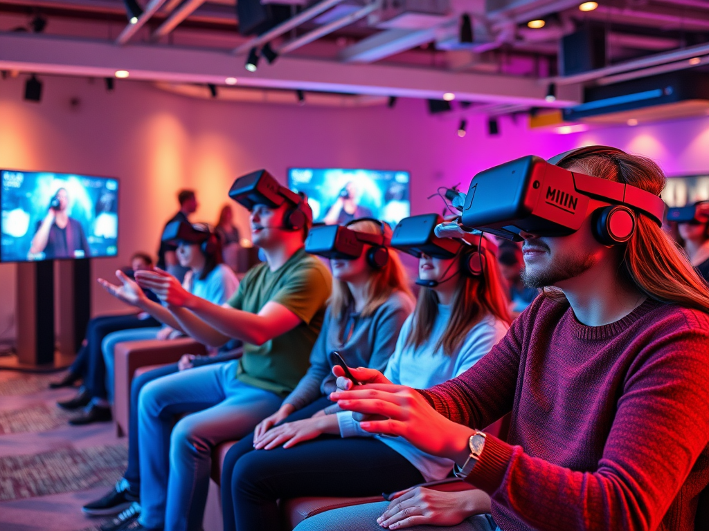 A group of people wearing VR headsets participates in an immersive experience, focused on activity in front of them.