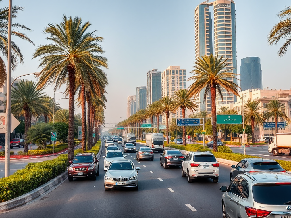 A busy city street lined with palm trees and modern buildings, featuring various cars in traffic under a clear sky.