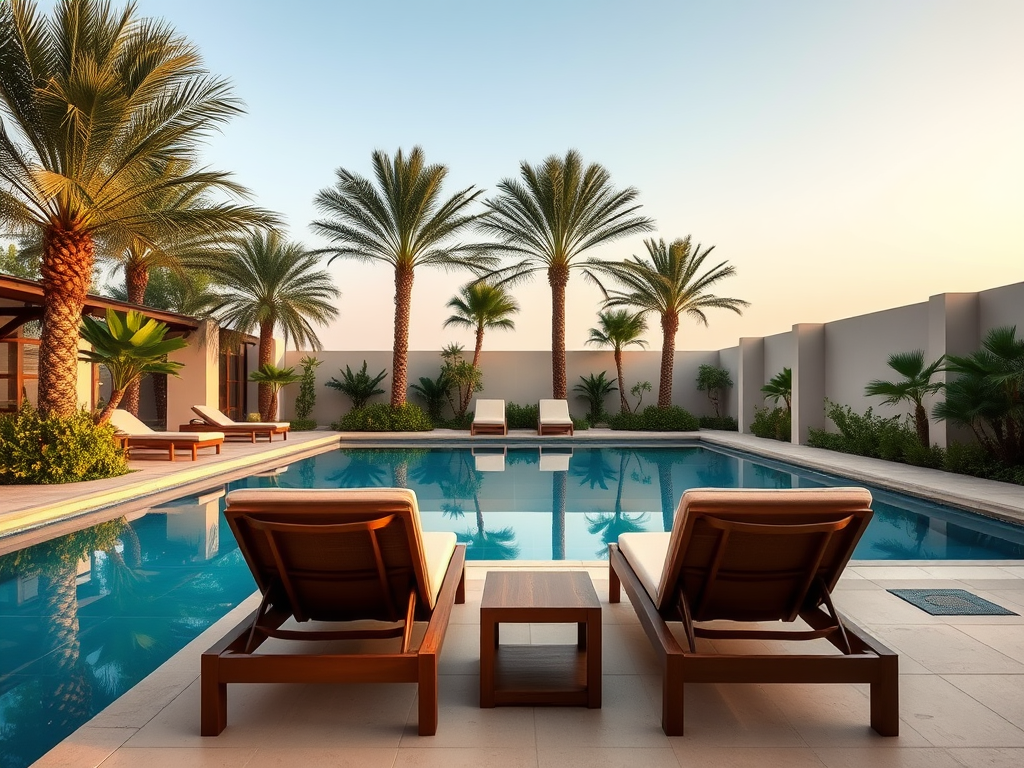 A serene poolside scene with lounge chairs, palm trees, and a clear sky, perfect for relaxation.