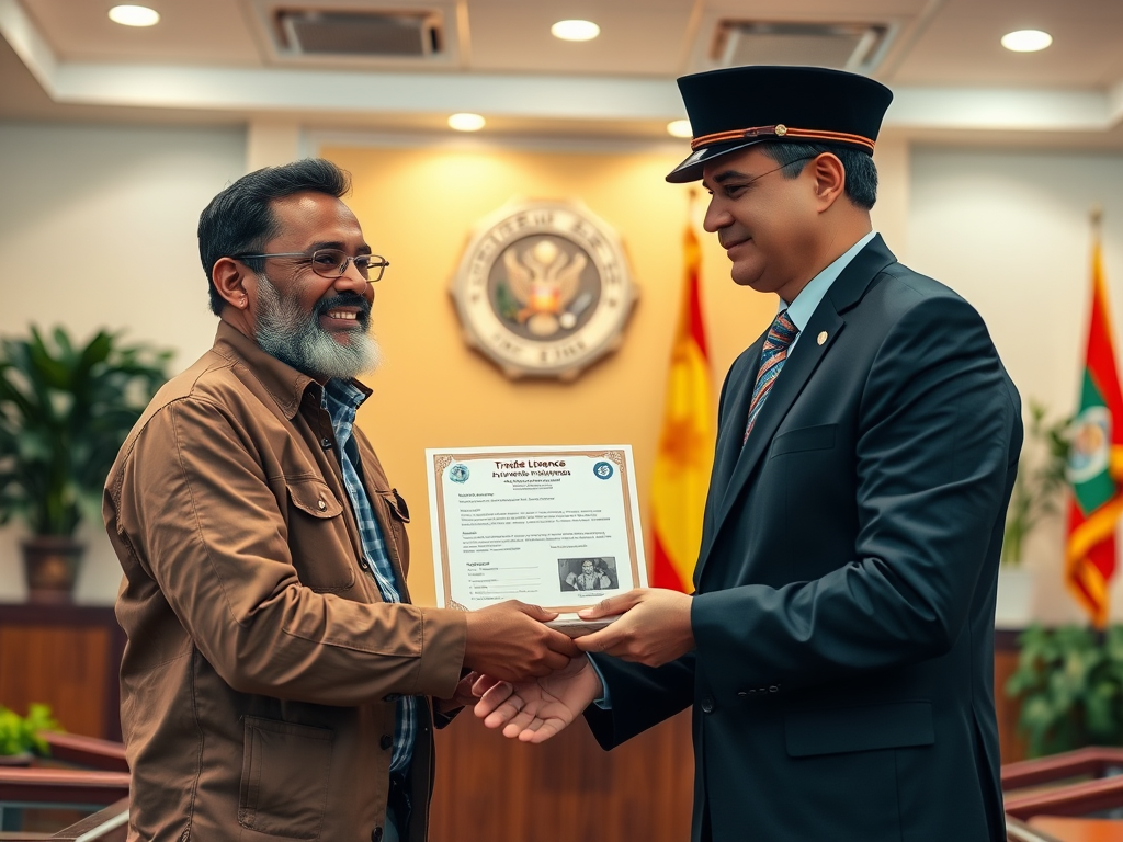 A smiling man receiving a certificate from an official in formal attire in an office with national flags in the background.