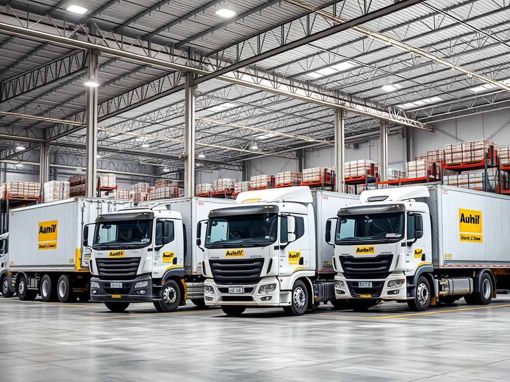 Three modern trucks with branding parked inside a spacious warehouse featuring high ceilings and storage shelves.