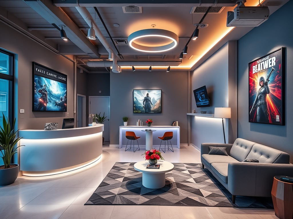 A modern gaming lounge with a reception desk, stylish seating, and video game artwork on the walls.