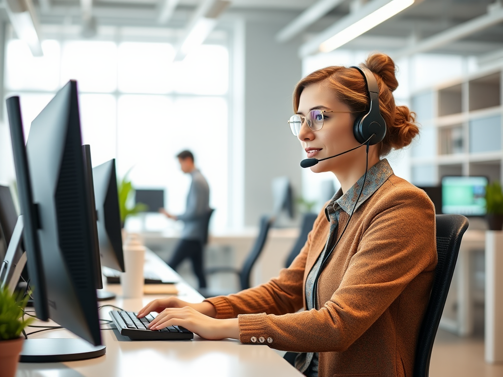 A woman wearing a headset works at a computer in a modern office, focused on her task.