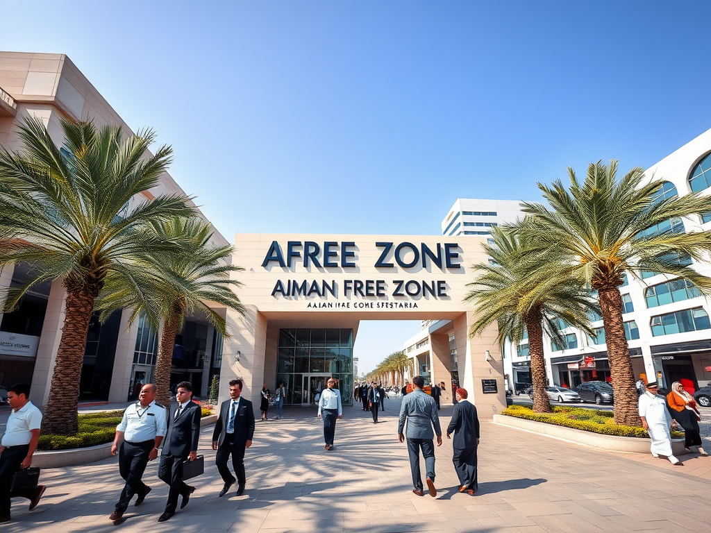 A busy entrance of Aiman Free Zone featuring palm trees and people walking in business attire under a clear blue sky.