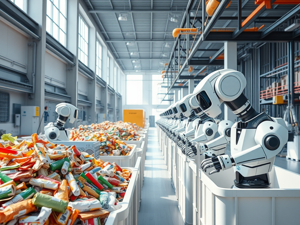 A modern warehouse filled with robotic arms sorting colorful packages in bins under bright industrial lighting.