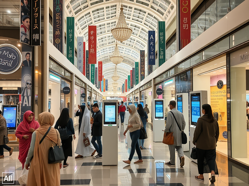 A bustling shopping mall corridor with diverse people, digital displays, and decorative banners overhead.